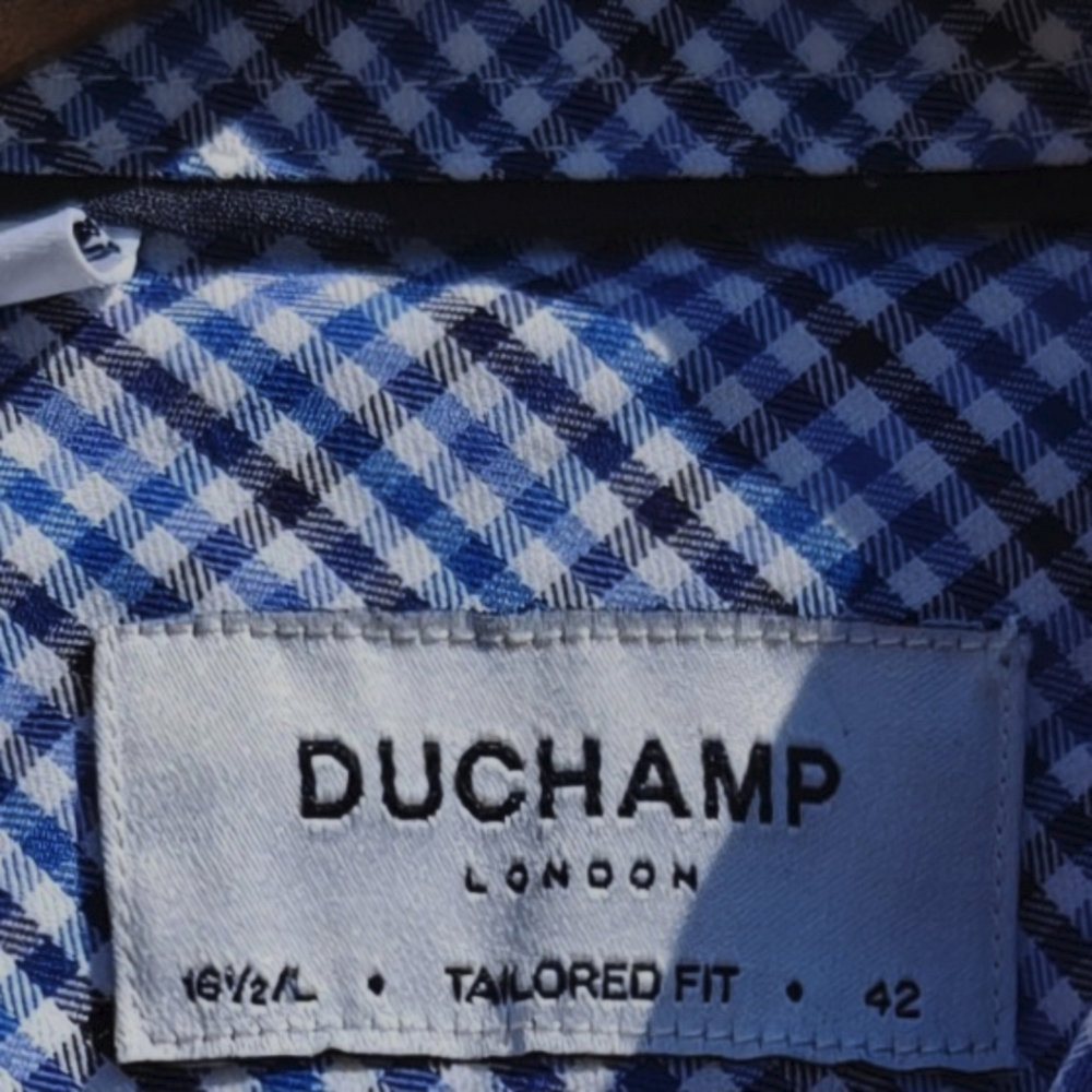 Duchamp London Blue and White Plaid Long Sleeved Tailored Fit Men's Shirt. - Picture 3 of 5